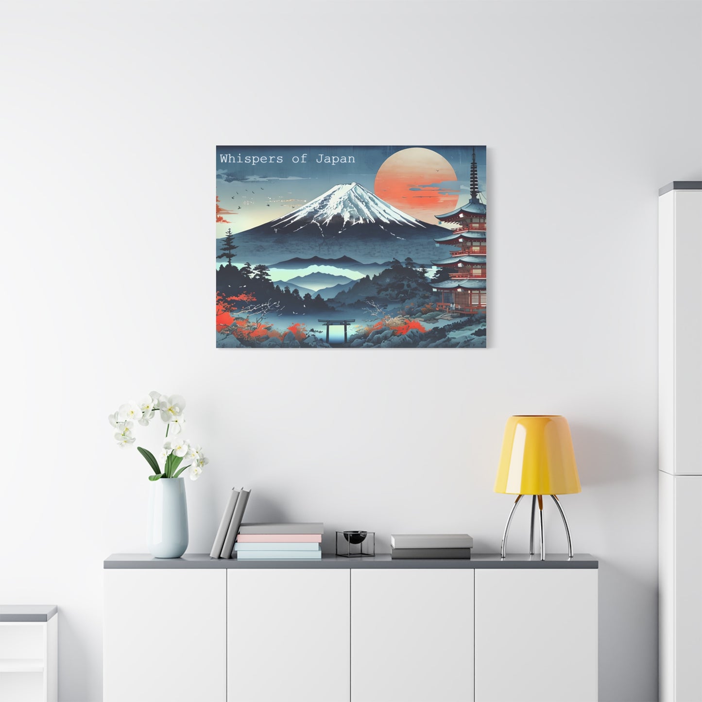 Canvas Japandi Art Print, Mount Fuji Photo on Sunset with Pagoda, Whispers of Japan Wall Art, Stretched Matte Decor - Home or Office Decor