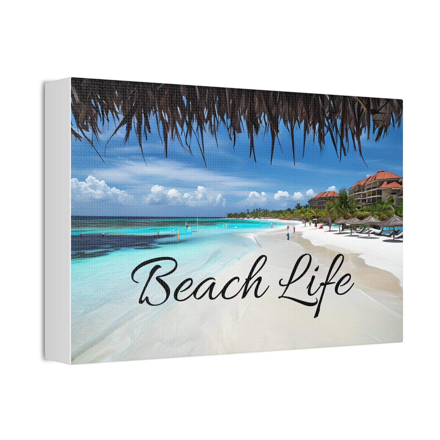 Canvas Stretched, Beach Day Hut Wall Art, Tropical Coastal Decor, Ocean View Painting, Summer Vibes Poster, Vacation Home Artwork