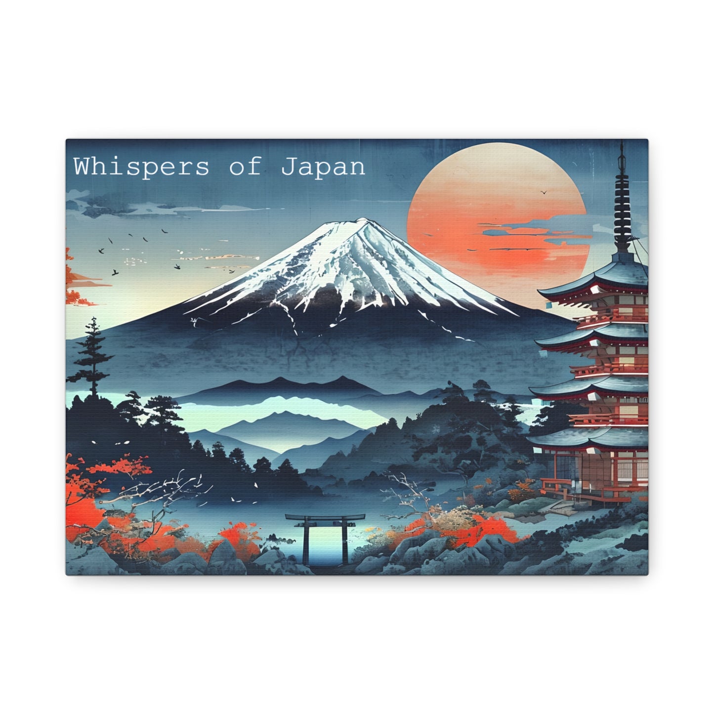 Canvas Japandi Art Print, Mount Fuji Photo on Sunset with Pagoda, Whispers of Japan Wall Art, Stretched Matte Decor - Home or Office Decor
