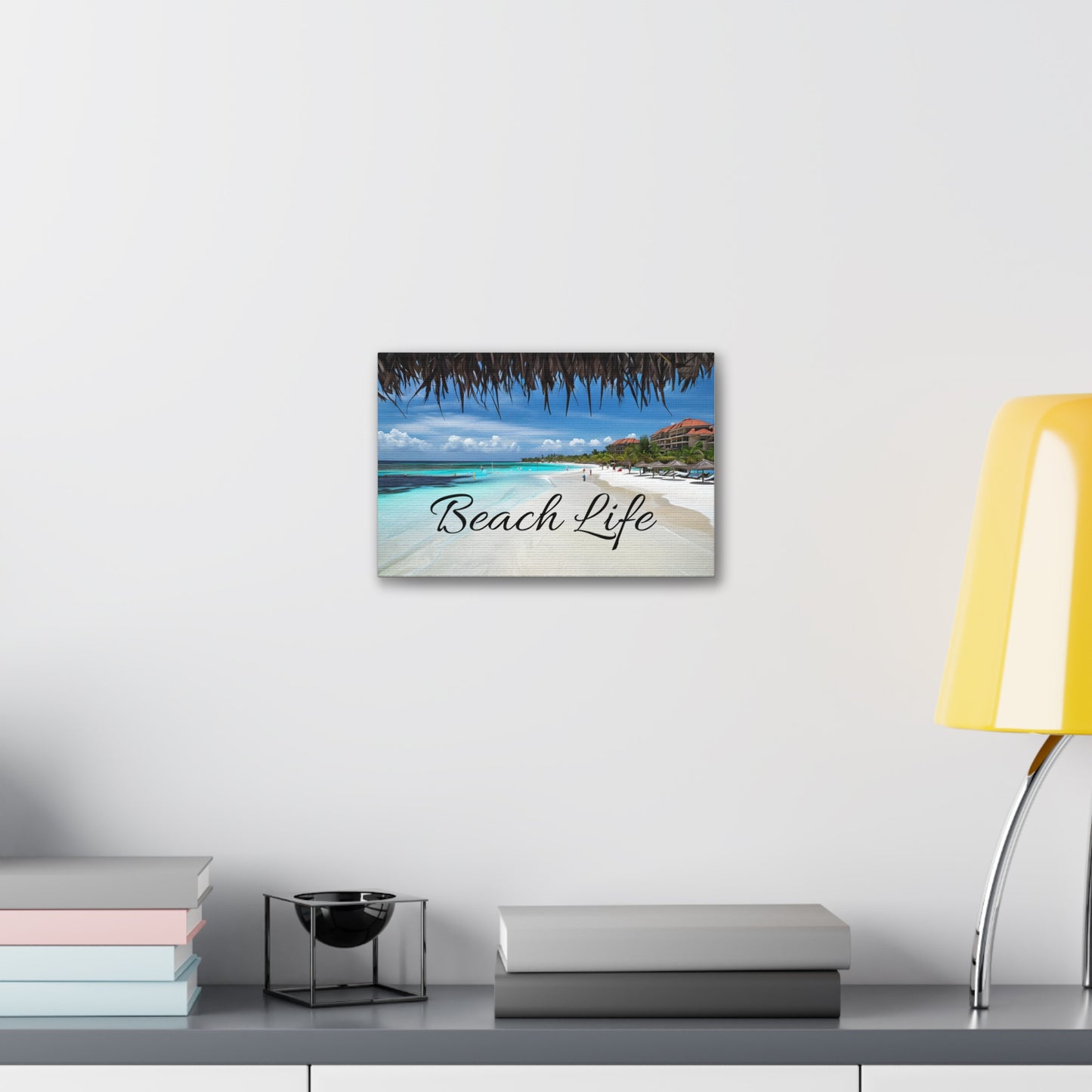 Canvas Stretched, Beach Day Hut Wall Art, Tropical Coastal Decor, Ocean View Painting, Summer Vibes Poster, Vacation Home Artwork
