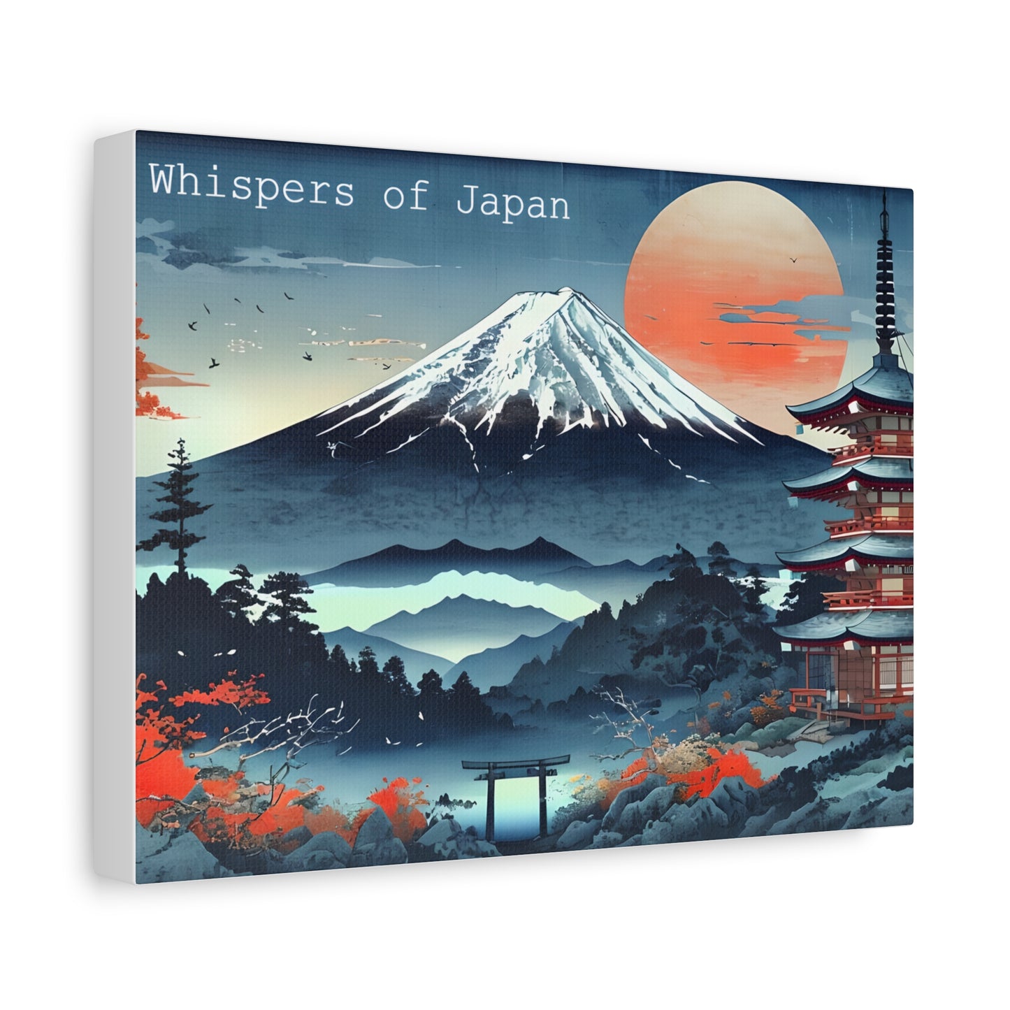 Canvas Japandi Art Print, Mount Fuji Photo on Sunset with Pagoda, Whispers of Japan Wall Art, Stretched Matte Decor - Home or Office Decor