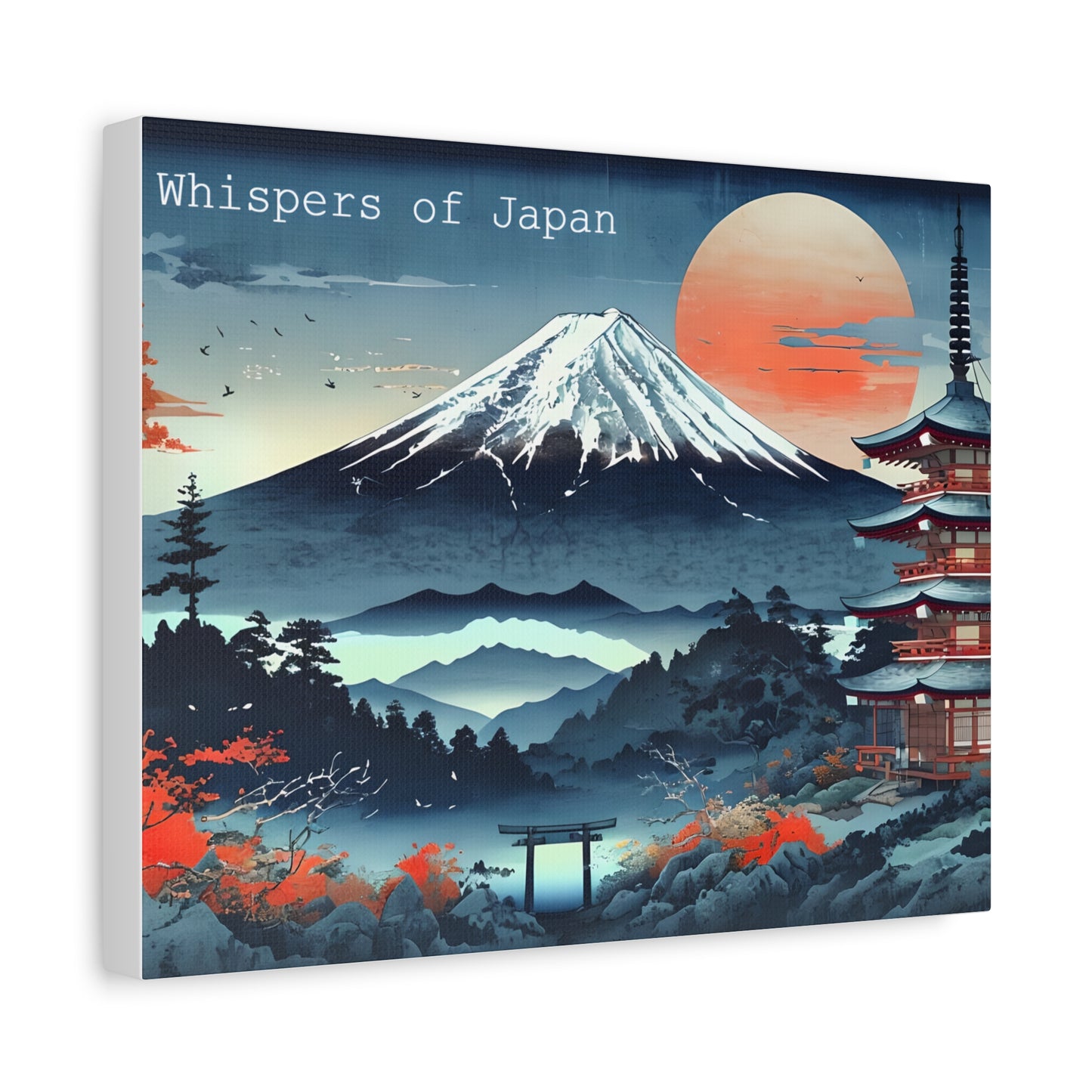Canvas Japandi Art Print, Mount Fuji Photo on Sunset with Pagoda, Whispers of Japan Wall Art, Stretched Matte Decor - Home or Office Decor