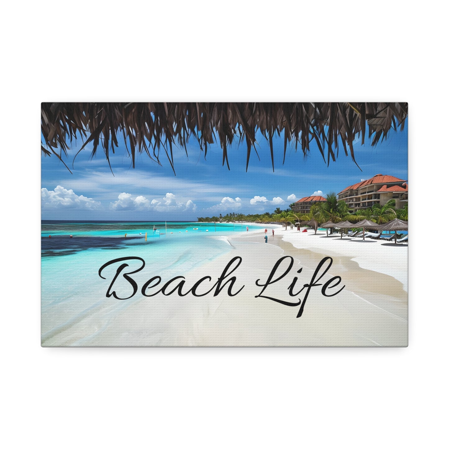 Canvas Stretched, Beach Day Hut Wall Art, Tropical Coastal Decor, Ocean View Painting, Summer Vibes Poster, Vacation Home Artwork