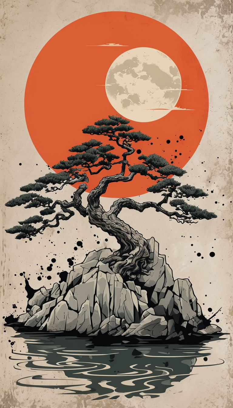 Breathtaking Bonsai Sunset Digital Art Japanese Zen Wall Art Digital Print – Japanese Digital Download - Tranquil Landscape Decor
