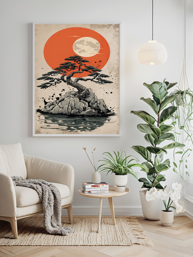 Breathtaking Bonsai Sunset Digital Art Japanese Zen Wall Art Digital Print – Japanese Digital Download - Tranquil Landscape Decor