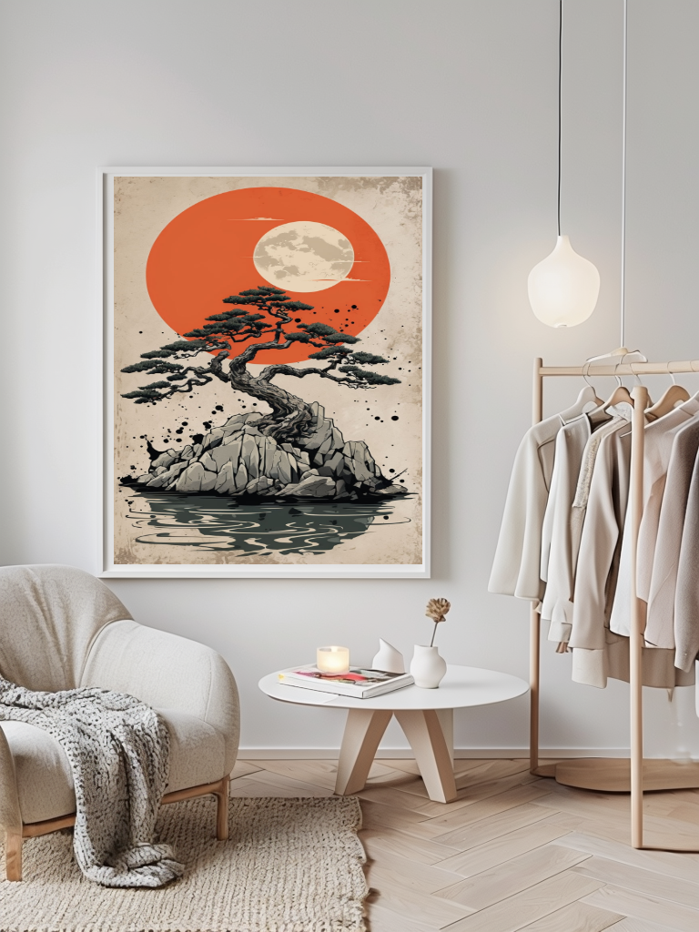 Breathtaking Bonsai Sunset Digital Art Japanese Zen Wall Art Digital Print – Japanese Digital Download - Tranquil Landscape Decor