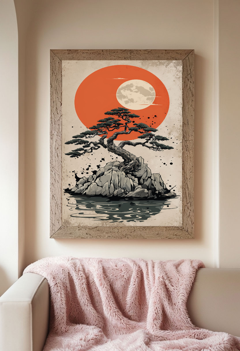 Breathtaking Bonsai Sunset Digital Art Japanese Zen Wall Art Digital Print – Japanese Digital Download - Tranquil Landscape Decor