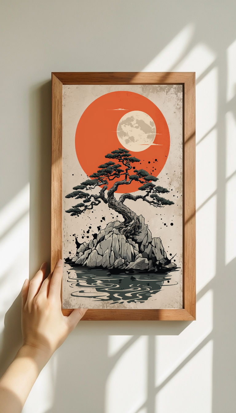 Breathtaking Bonsai Sunset Digital Art Japanese Zen Wall Art Digital Print – Japanese Digital Download - Tranquil Landscape Decor