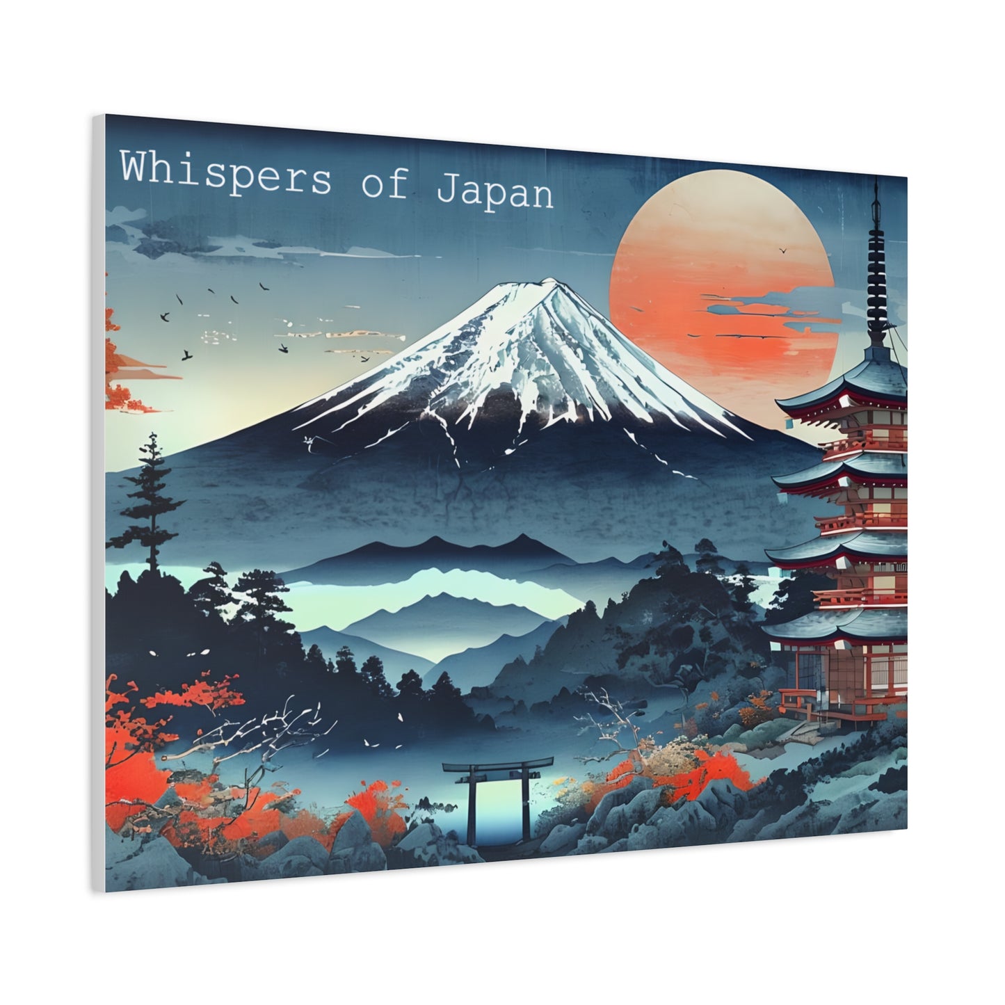 Canvas Japandi Art Print, Mount Fuji Photo on Sunset with Pagoda, Whispers of Japan Wall Art, Stretched Matte Decor - Home or Office Decor