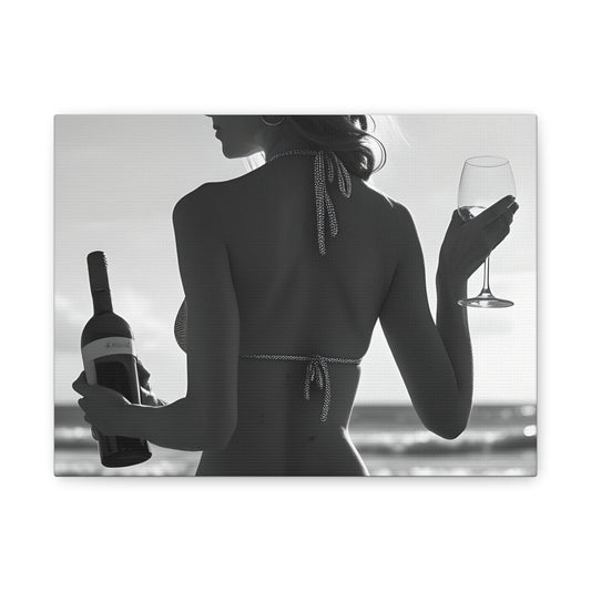 Bikini Beach Wall Art | Sexy Woman with Wine Glass | Black and White Beach Photography Print | Modern Coastal Decor Canvas