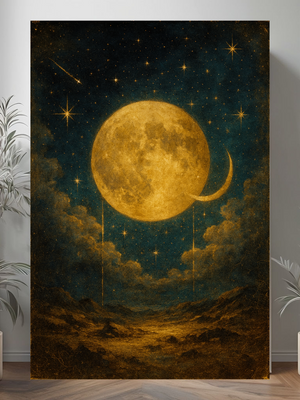Vintage celestial moon with slim crescent over a starry navy sky and misty clouds, gold-toned accents