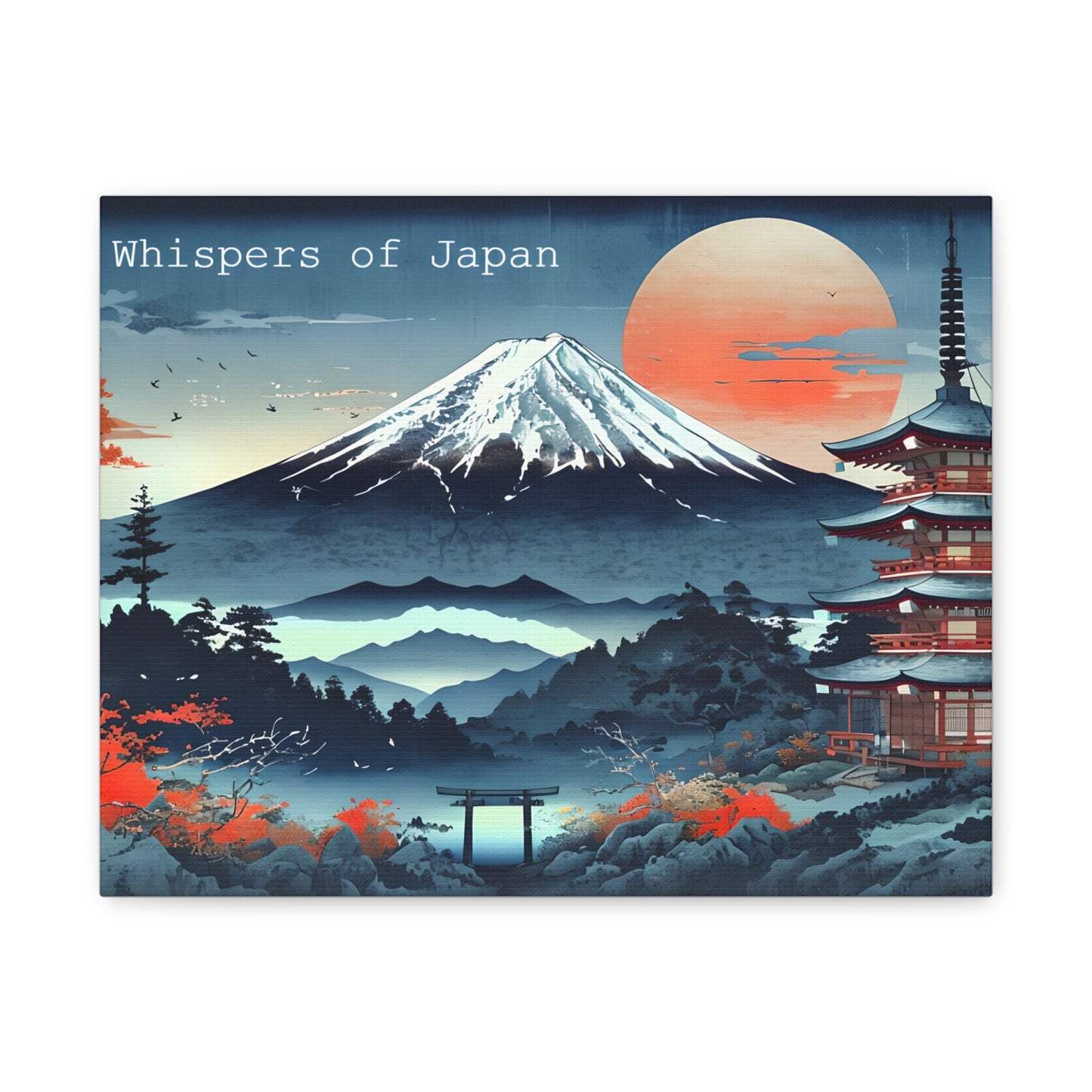 Canvas Japandi Art Print, Mount Fuji Photo on Sunset with Pagoda, Whispers of Japan Wall Art, Stretched Matte Decor - Home or Office Decor