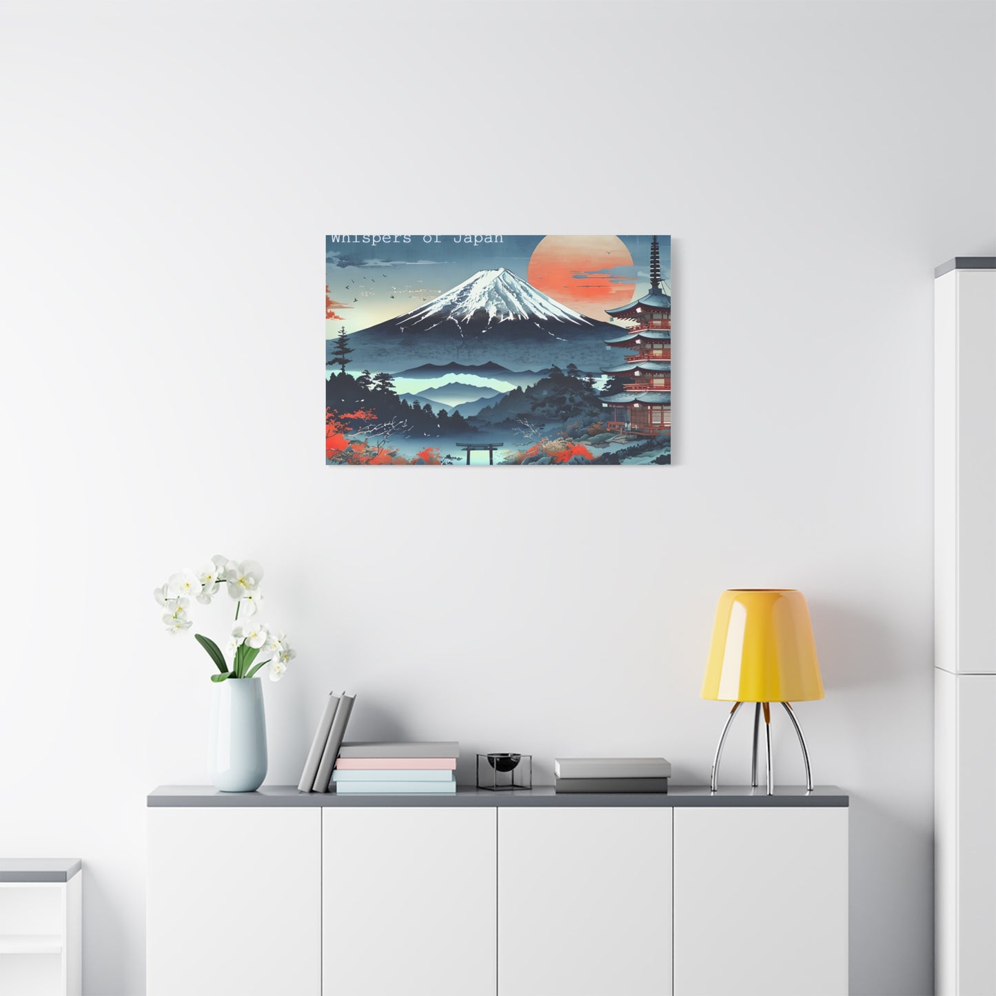 Canvas Japandi Art Print, Mount Fuji Photo on Sunset with Pagoda, Whispers of Japan Wall Art, Stretched Matte Decor - Home or Office Decor
