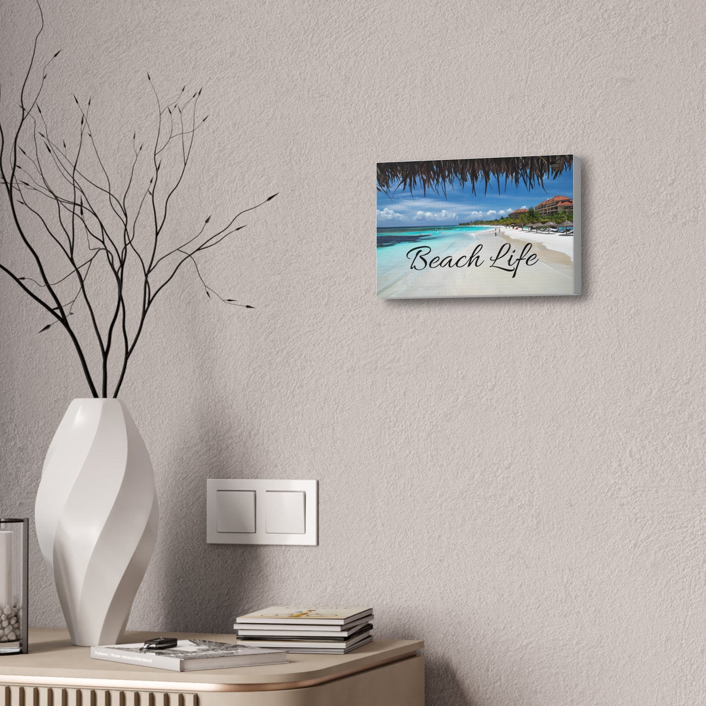 Canvas Stretched, Beach Day Hut Wall Art, Tropical Coastal Decor, Ocean View Painting, Summer Vibes Poster, Vacation Home Artwork