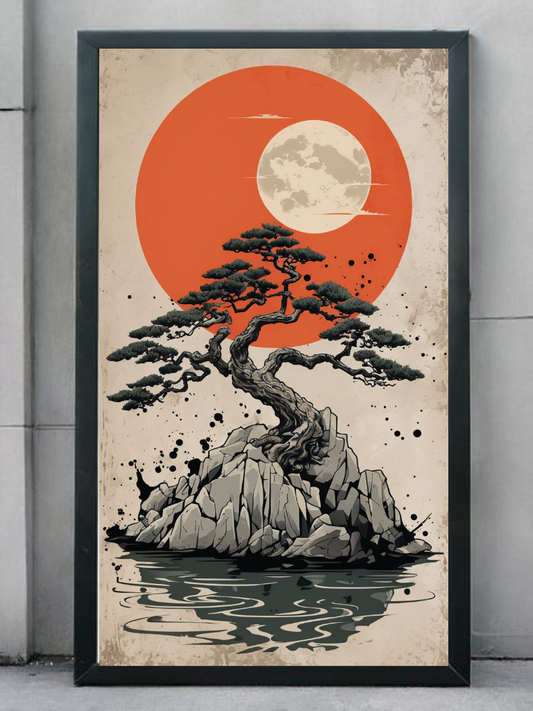 Breathtaking Bonsai Sunset Digital Art Japanese Zen Wall Art Digital Print – Japanese Digital Download - Tranquil Landscape Decor