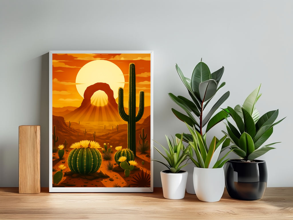 Retro Arizona Desert Archway Print, Cactus and Sunset Canvas Print, Southwestern Wall Art, Boho Landscape Poster, Instant Home Decor