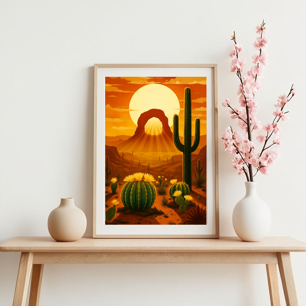 Retro Arizona Desert Archway Print, Cactus and Sunset Canvas Print, Southwestern Wall Art, Boho Landscape Poster, Instant Home Decor