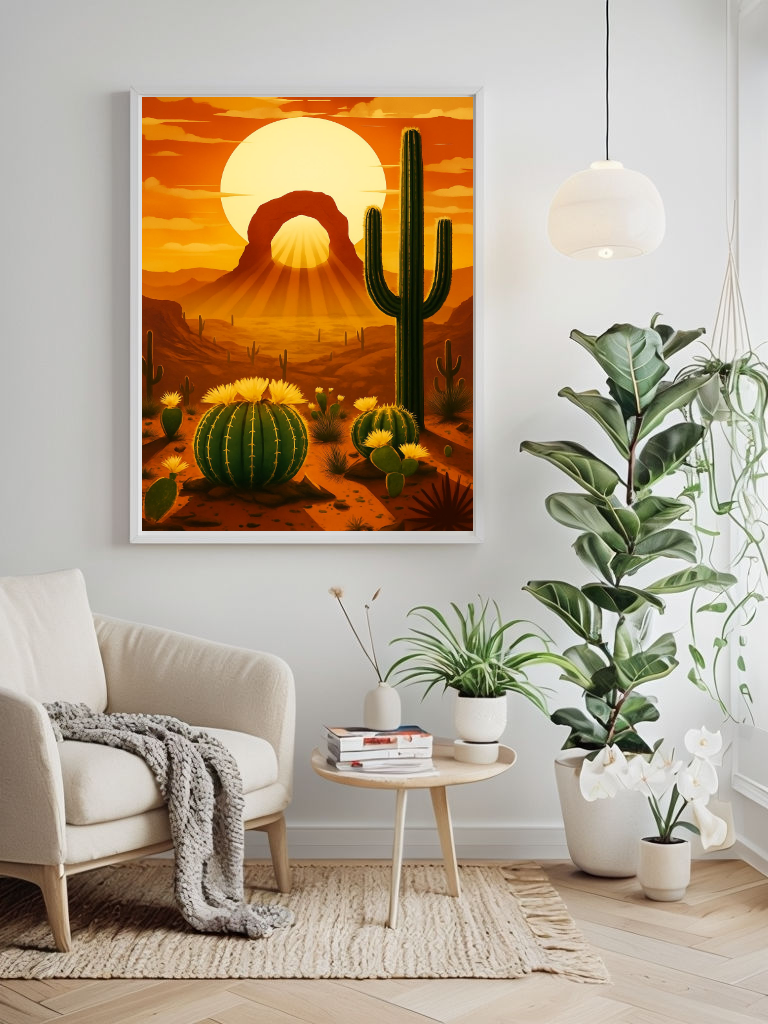 Retro Arizona Desert Archway Print, Cactus and Sunset Canvas Print, Southwestern Wall Art, Boho Landscape Poster, Instant Home Decor