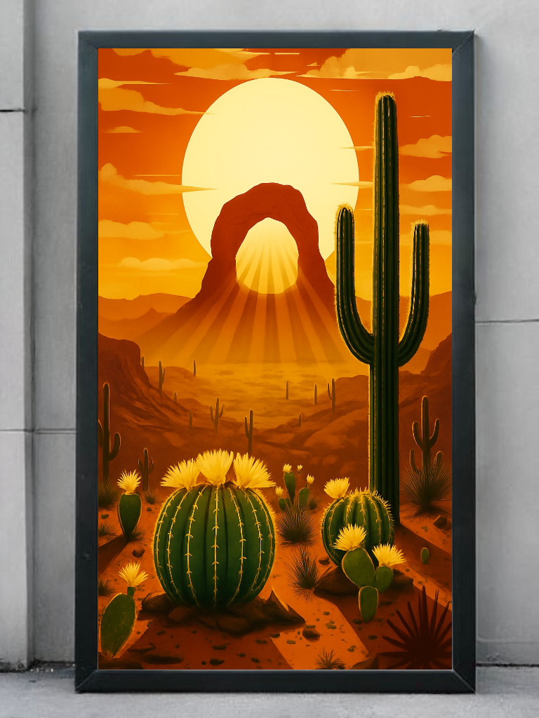Retro Arizona Desert Archway Print, Cactus and Sunset Canvas Print, Southwestern Wall Art, Boho Landscape Poster, Instant Home Decor