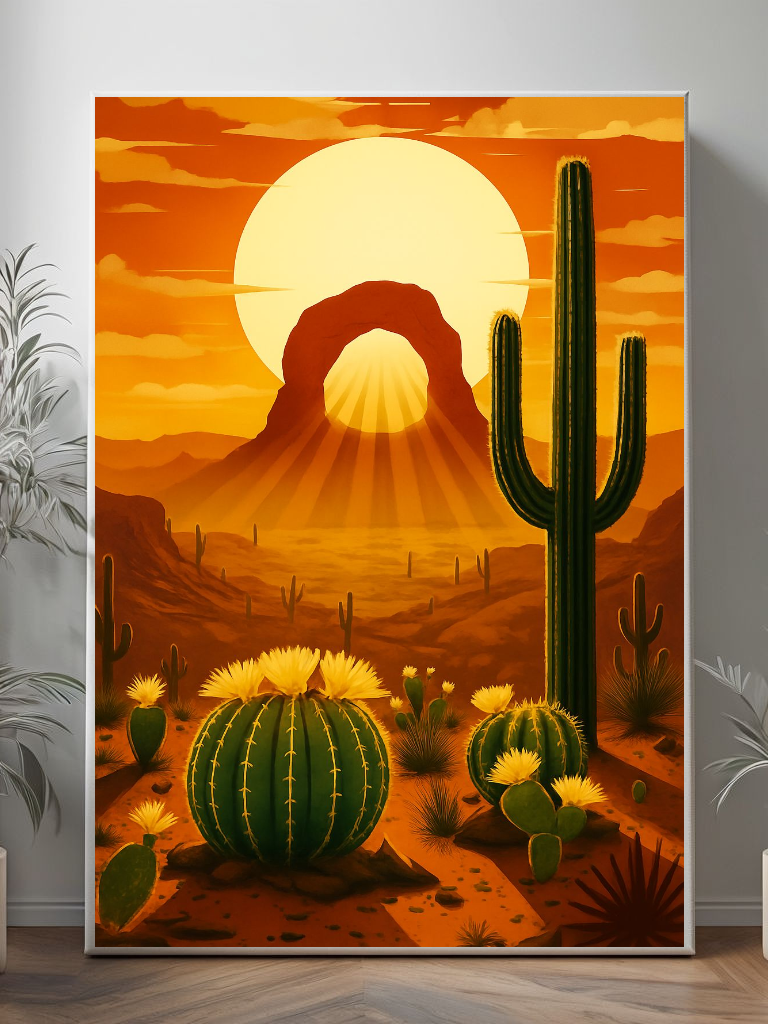 Retro Arizona Desert Archway Print, Cactus and Sunset Canvas Print, Southwestern Wall Art, Boho Landscape Poster, Instant Home Decor