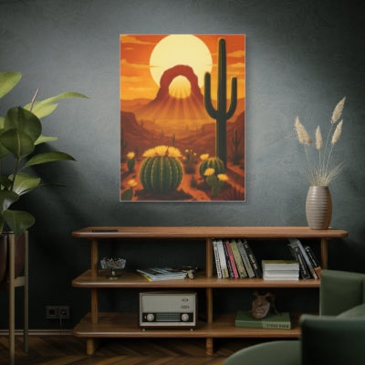 Retro Arizona Desert Archway Print, Cactus and Sunset Canvas Print, Southwestern Wall Art, Boho Landscape Poster, Instant Home Decor